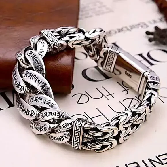 Stainless Steel Chain Link Bracelet, Mantra, Curb Hand Woven Engraved Byzantine